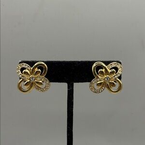 Vintage Monet Gold Tone Floral Rhinestone Clip On Flower Statement Earrings